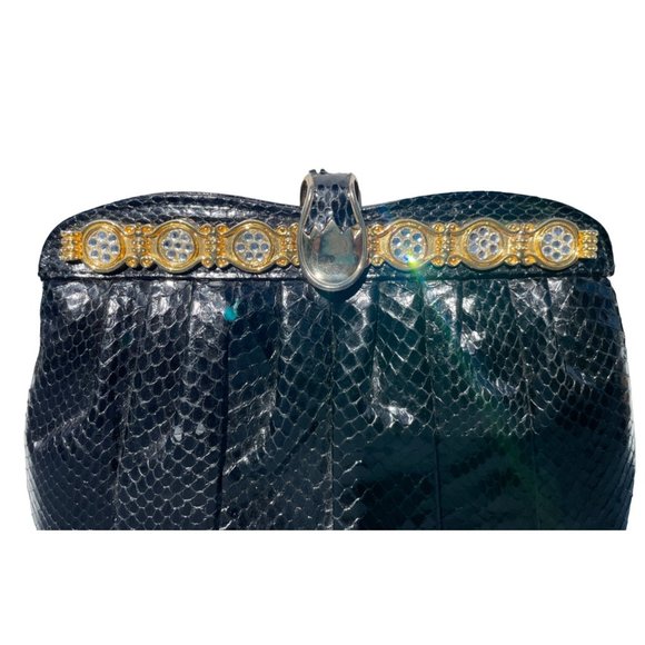VINTAGE SNAKESKIN PURSE black gold crystals made in Hongkong - Picture 5 of 11